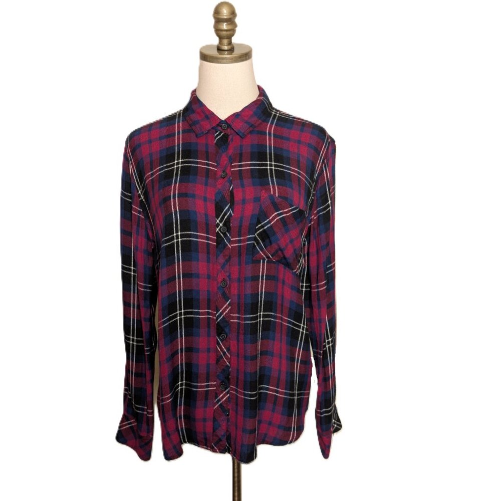 Rails Women's Hunter Button Down Flannel Shirt Size M Onyx Scarlet Navy